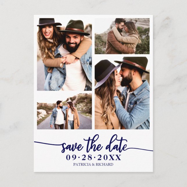 Carte Postale Simple Collage de 4 Photos de Mariage Save The Dat (Devant)