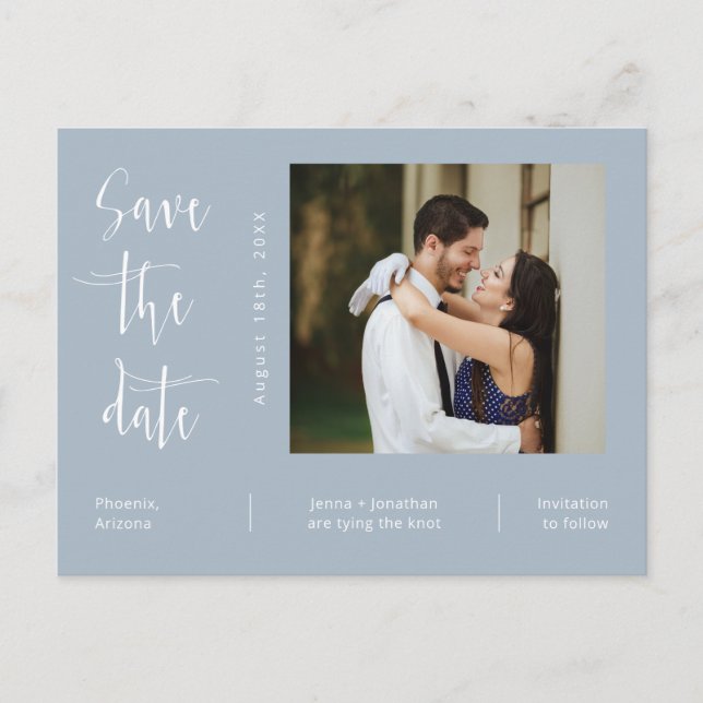 Carte Postale Simple Dusty Blue Photo Code QR Enregistrer la dat (Devant)