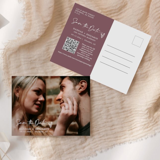 Carte Postale Simple Dusty Purple Enregistrer la date QR Code ph (Créateur téléchargé)