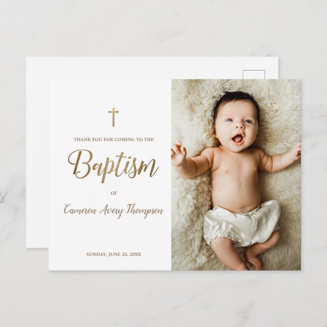 Carte Postale Simple Elegant Gold Cross Baptism Merci photo (Devant / Derrière)
