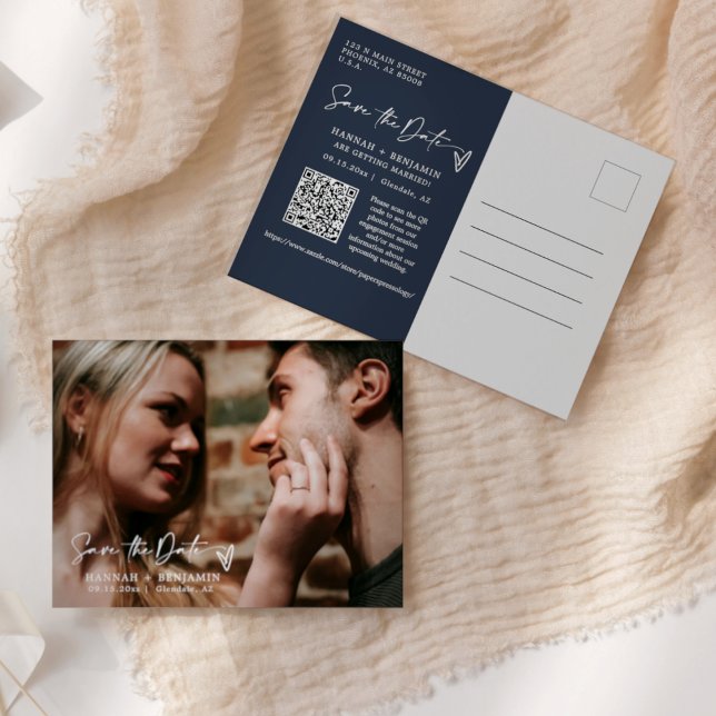 Carte Postale Simple Elegant Navy Enregistrer la date Code QR Ph (Créateur téléchargé)
