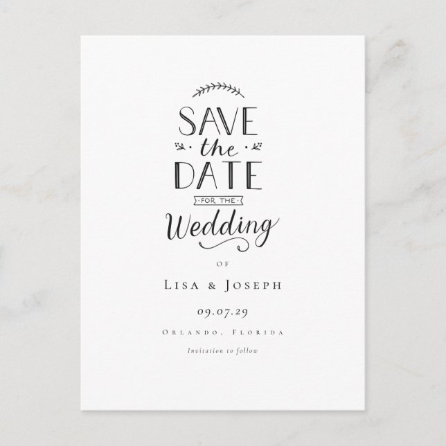 Carte Postale Simple Élégant Noir et Blanc Save the Date (Devant)