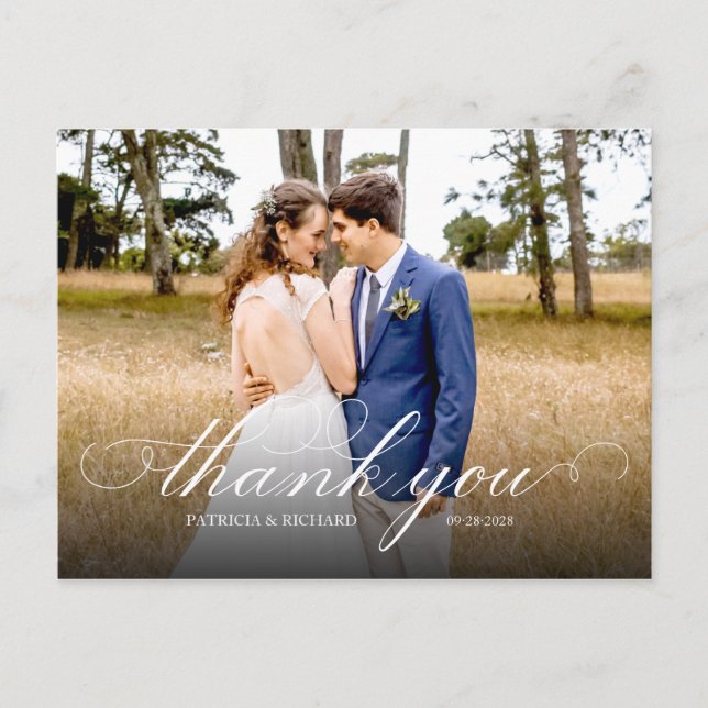 Carte Postale Simple Élégant Script Mariage Remerciement Photo (Devant)