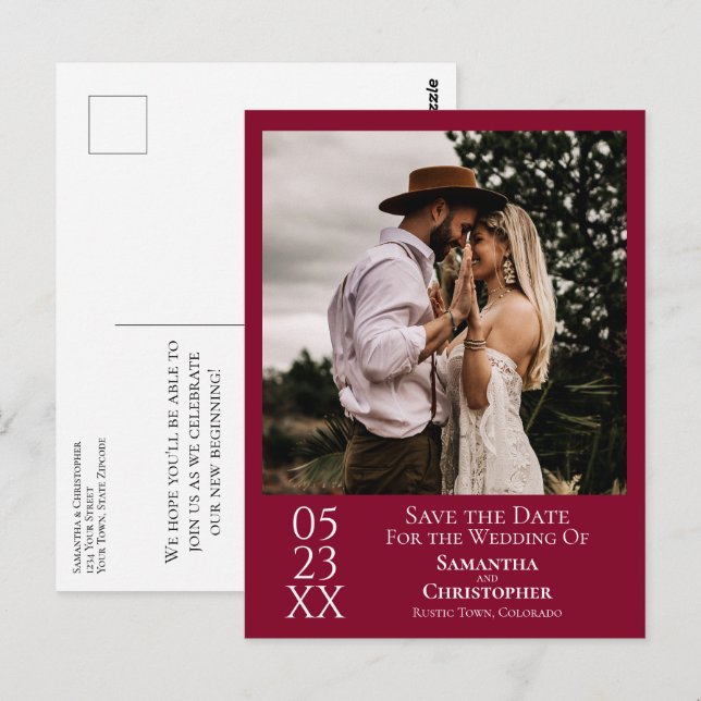 Carte Postale Simple Faire-Part de Mariage Rouge Cranberry avec  (Devant / Derrière)