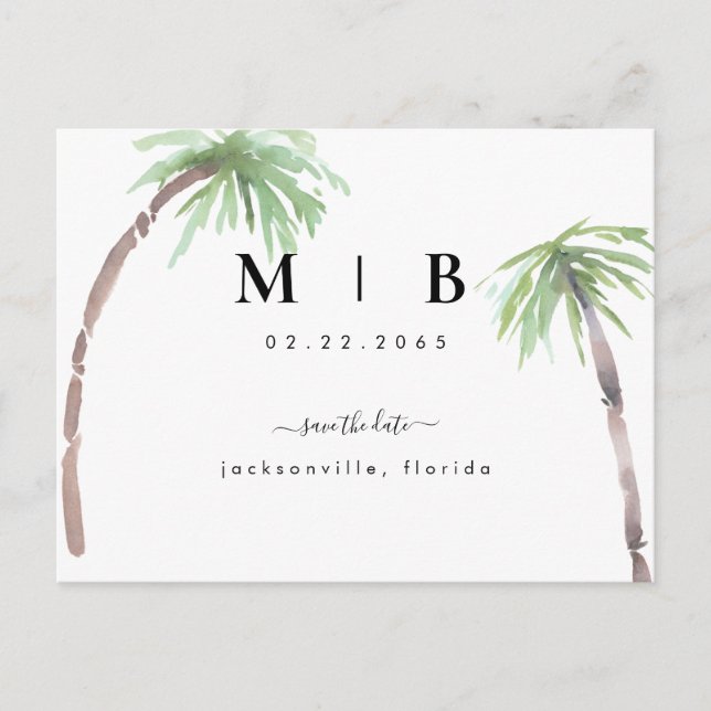 Carte Postale Simple Faire-Part de Mariage Tropical avec Initial (Devant)