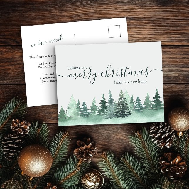 Carte Postale Simple Faire-part de vacances en forêt d'hiver (Pine Forest Christmas Card from the Holiday Moving Announcements Collection by Darling & May)