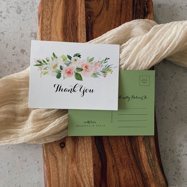 Carte Postale Simple feuillage vert floral calligraphie Merci (Créateur téléchargé)