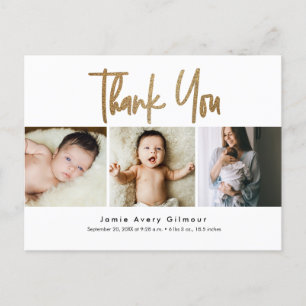 Carte Postale Simple Gold Script photo collage bébé merci