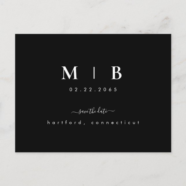 Carte Postale Simple Initiales Swash Noir Mariage Enregistrer la (Devant)