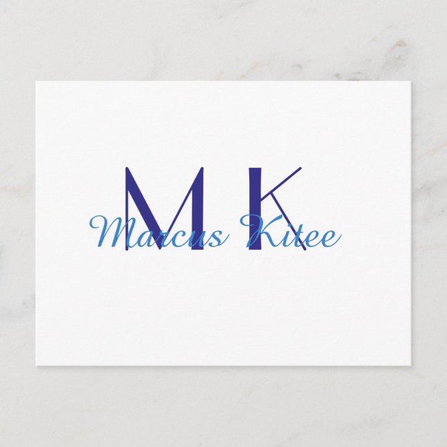 Carte Postale simple minimal monogram personalized name blue ret (Devant)