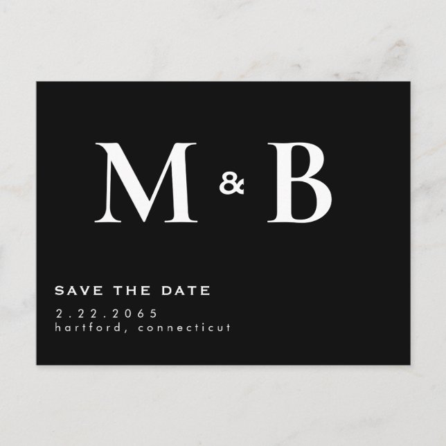 Carte Postale Simple Moderne B/N Monogramme Enregistrer la Date  (Devant)
