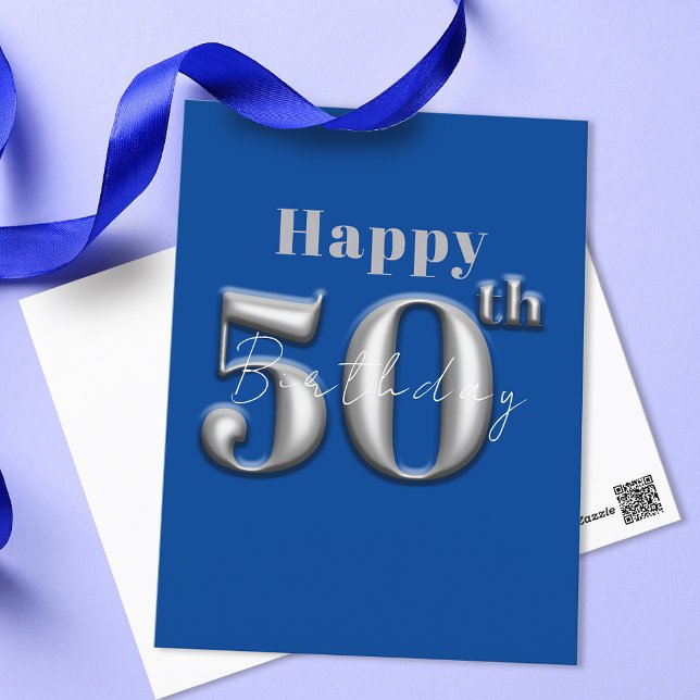 Carte Postale Simple Moderne Bleu Royal et Argent 50e Anniversai (Créateur téléchargé)