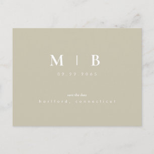 Carte Postale Simple Monogramme Kaki Mariage Enregistrer la Date
