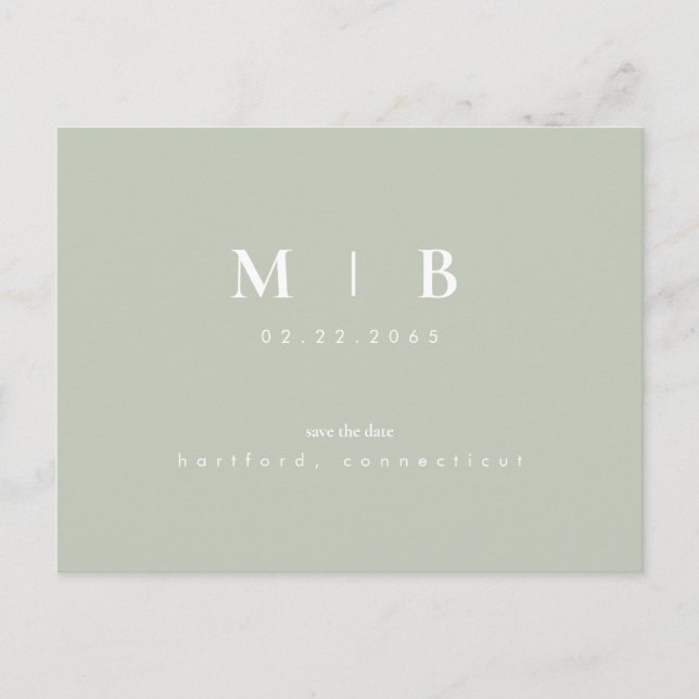 Carte Postale Simple Monogramme Lumière Sage Enregistrer la date (Devant)