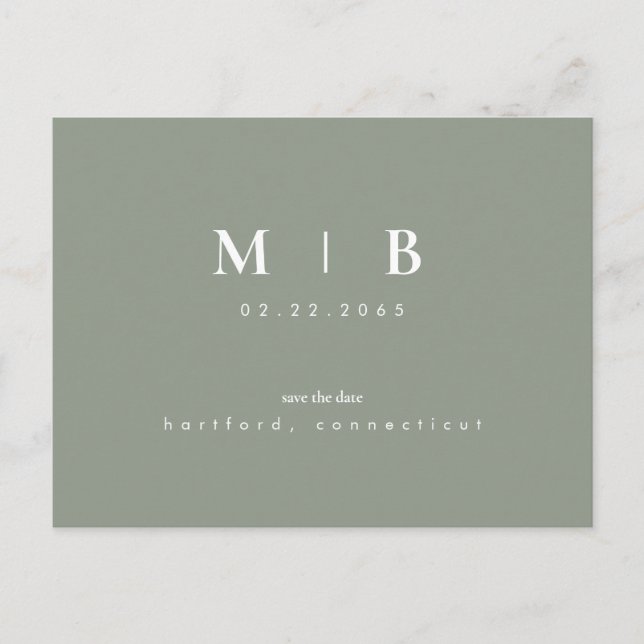 Carte Postale Simple Monogramme Sage Enregistrer la Date QR Code (Devant)
