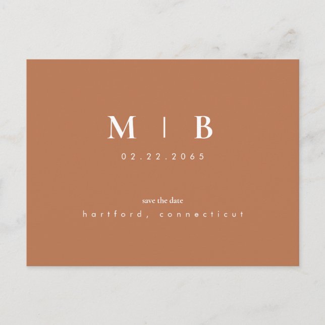 Carte Postale Simple Monogramme Terracotta Enregistrer la date C (Devant)