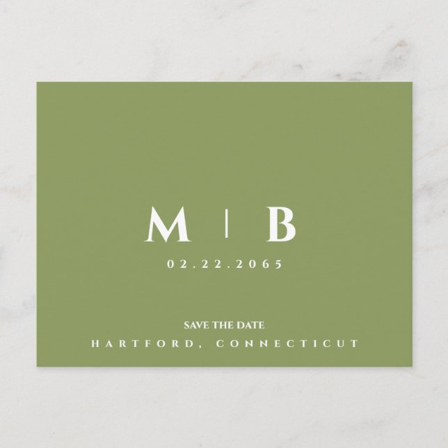 Carte Postale Simple Moss Green Monogram Mariage Enregistrer la  (Devant)