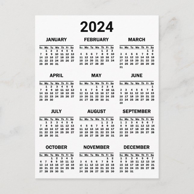 Carte Postale Simple Noir & Blanc 2024 Année en bref Calendrier (Devant)