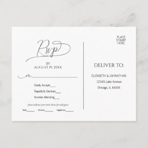 Carte Postale Simple Réponse Mariage Minimaliste Noir & Blanc P