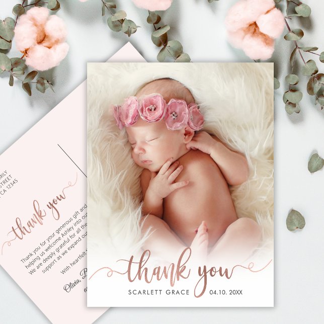 Carte Postale Simple Rose Gold Script Baby Photo Merci (Créateur téléchargé)