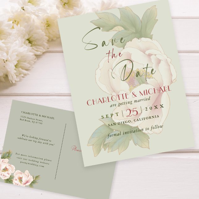 Carte Postale Simple rustique Enregistrer la date Blush Peony Ma (Créateur téléchargé)