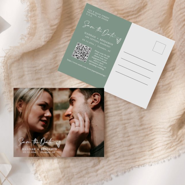 Carte Postale Simple Sage Green Boho Enregistrer la date QR Code (Créateur téléchargé)