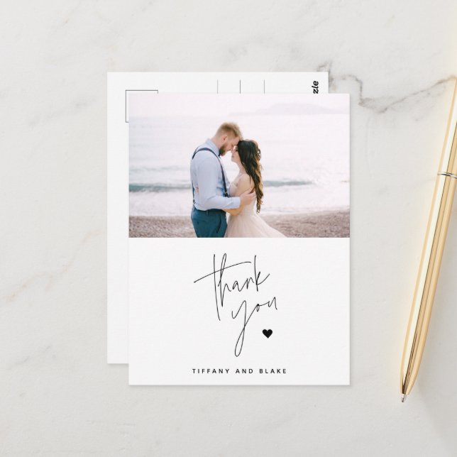 Carte Postale Simple Script Heart Wedding Merci Photo (Devant/Arrière en situation)