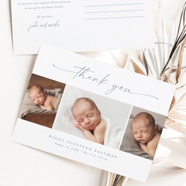 Carte Postale Simple Script Photo Collage Merci bébé (Dusty blue script 3 boys photo baby thank you cards.)