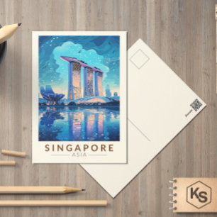 Carte Postale Singapore Marina Bay Night Travel Art Vintage