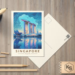Carte Postale Singapore Marina Bay Voyage de Nuit Art Vintage<br><div class="desc">Conception de voyage de vecteur rétro de Singapour. Marina Bay est un quartier luxueux de gratte-ciel,  d'hôtels de luxe et de centres commerciaux de luxe. Il est connu pour la grande roue Singapore Flyer et les serres à fleurs et les Supertrees colorés des Jardins de la baie.</div>