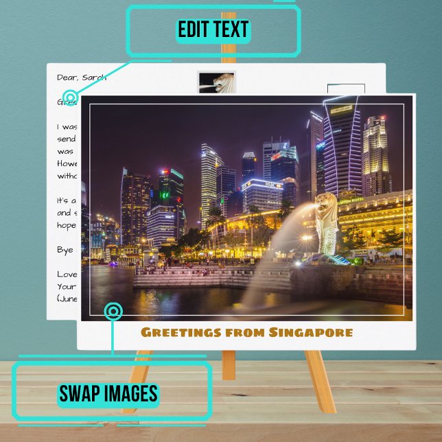 Carte Postale Singapour Skyline à la nuit avec le Méron (Please enjoy our postcard and see the others in the collection.)