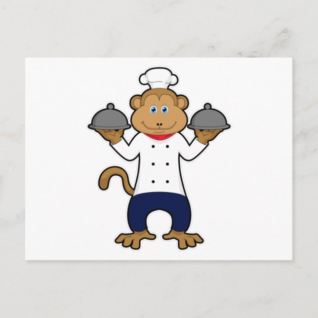 Carte Postale Singe comme cuisinier avec assiettes de service (Devant)