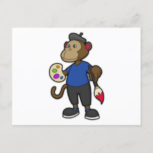 Carte Postale Singe comme peintre avec peinture et pinceau