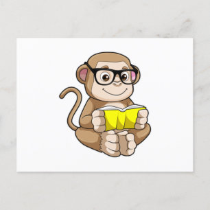 Carte Postale Singe en élève avec des lunettes et un livre