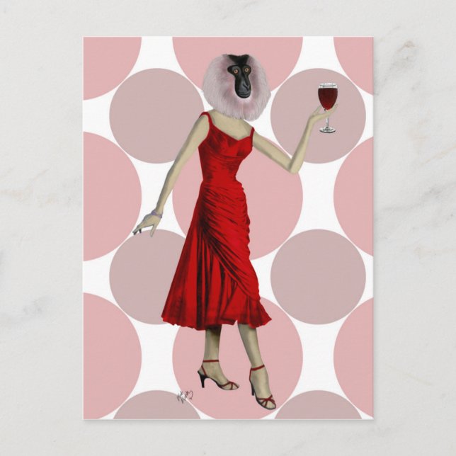 Carte Postale Singe en Robe Rouge avec vin (Devant)