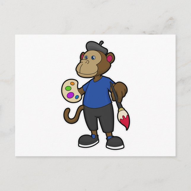 Carte Postale Singe en tant que peintre avec peinture et pinceau (Devant)