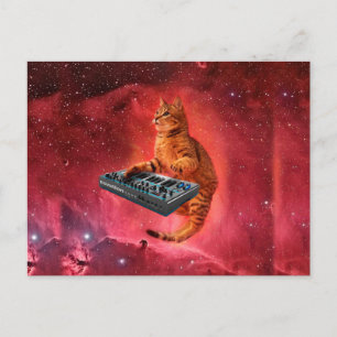 Carte Postale Sinthesizer chat dans l'espace rouge
