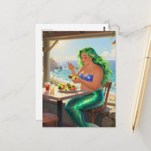 Carte Postale Sirène au café mangeant une salade