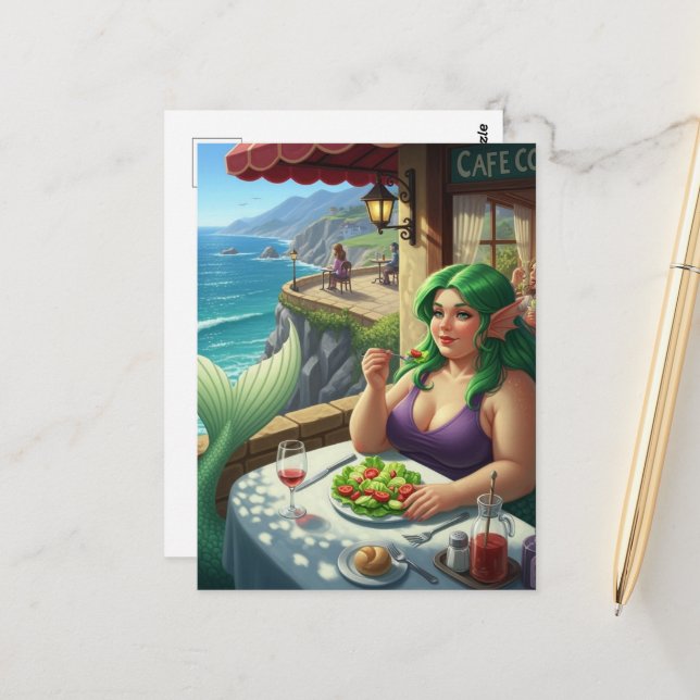 Carte Postale Sirène au café mangeant une salade Fantaisie (Devant/Arrière en situation)