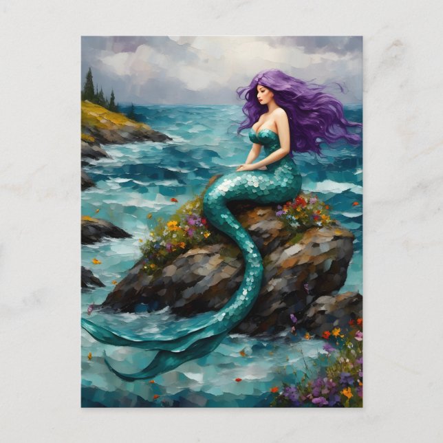 Carte Postale Sirène aux cheveux violets (Devant)