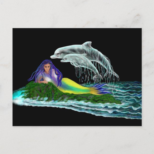 Carte Postale Sirène avec dauphins (Devant)