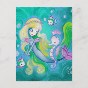 Carte Postale Sirène avec hippocampe et poisson