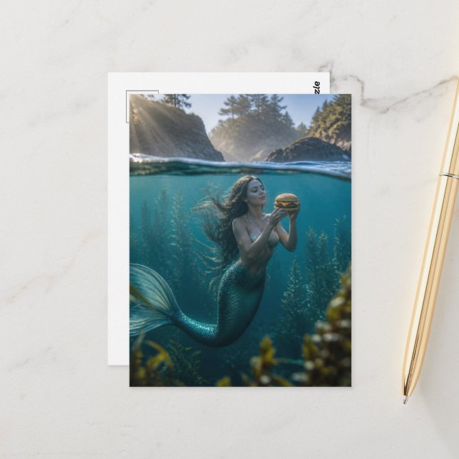 Carte Postale Sirène avec un cheeseburger (Devant/Arrière en situation)
