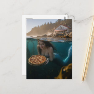 Carte Postale Sirène avec une pizza