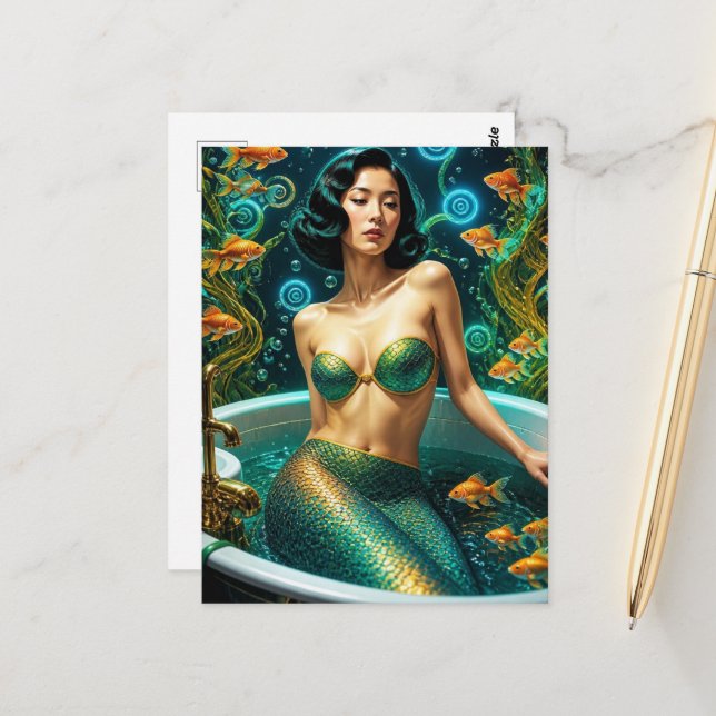 Carte Postale Sirène Belle Unique dans le Bain (Devant/Arrière en situation)