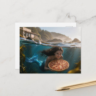 Carte Postale Sirène drôle avec une pizza