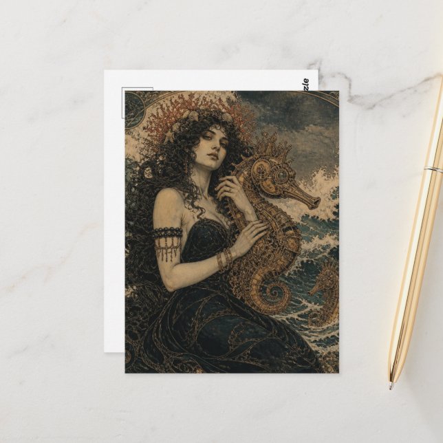Carte Postale Sirène et hippocampes steampunk (Devant/Arrière en situation)