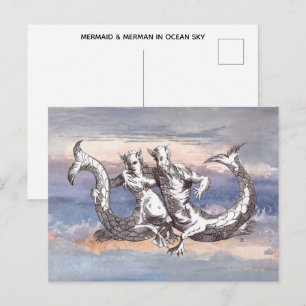 CARTE POSTALE SIRÈNE & HOMME-SIRÈNE DANS LE CIEL OCÉANIQUE