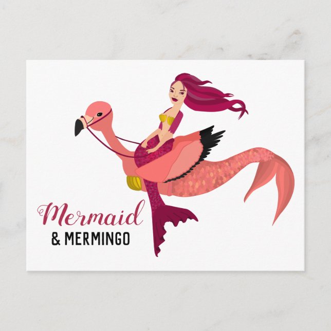 Carte Postale Sirène pourpre & Flamant rose rose mou BFF Merming (Devant)