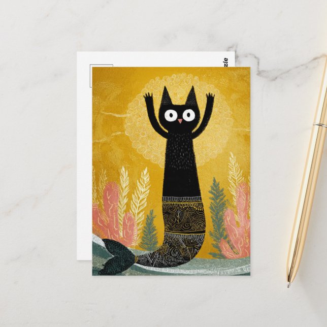 Carte Postale Sirène unique de chat noir (Devant/Arrière en situation)